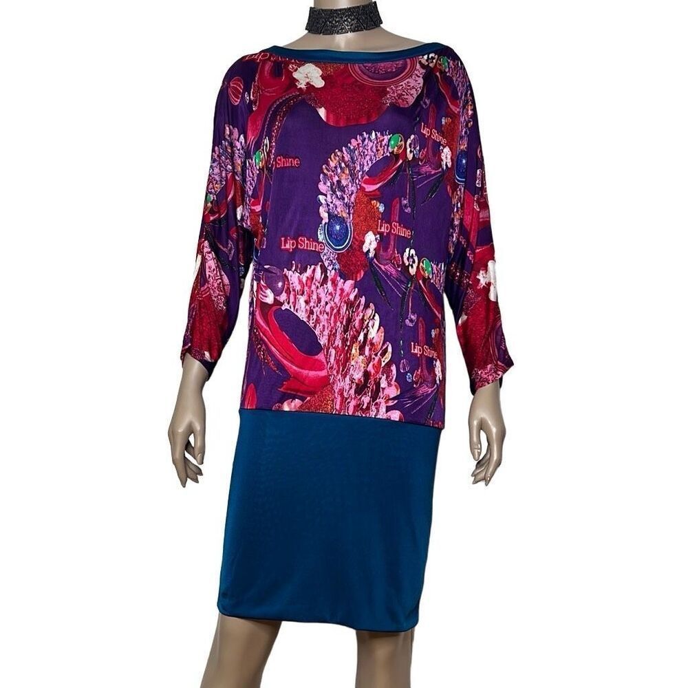 Custo Barcelona Printed Mini Dress Tunic Multicolor Purple Blue Lip Shine Graphi - Picture 3 of 13